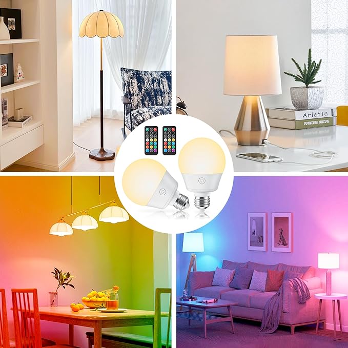 Brightown E26 Rechargeable Light Bulb with Remote and Timer, Battery Backup Bulb for Sconces and Lamps, E26 Detachable Charging for Non-Hardwired Fixture, 3 Color Temperatures + 9 RGB Colors, 4 Pack