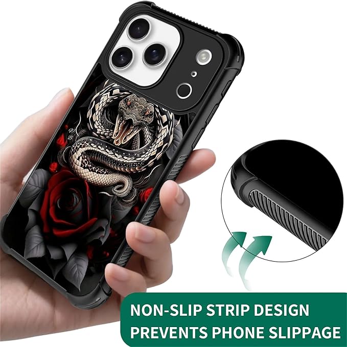 for iPhone 17 Pro Case,for MagSafe Graphic Design for Girl Boy Soft Silicone Hard Acrylic Shock Protection Designed for iPhone 17 Pro Entwined Rose Snake Pattern