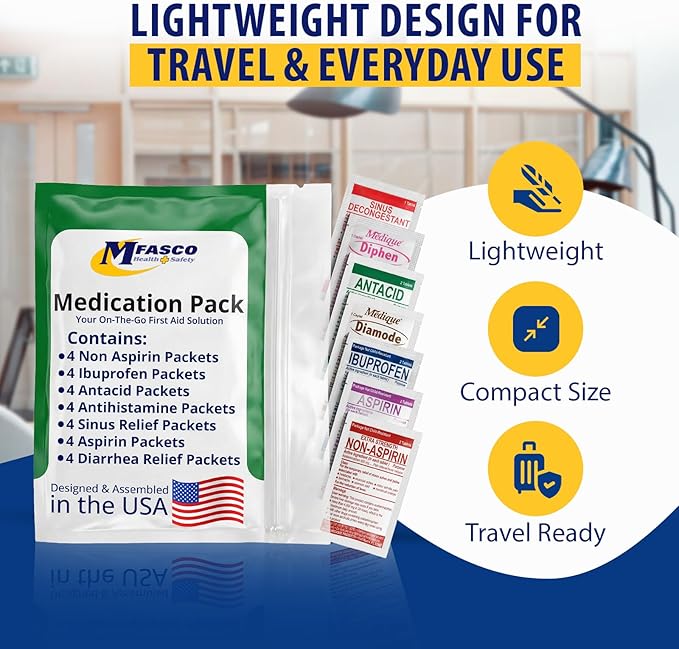 MFASCO - 7 in 1 - Travel Size Medicine Kit - TSA Approved | 28 First Aid Emergency OTC Medicine Packets for Cruise & International Travel | Compact Med Refill for Traveling & Office Assembled in USA