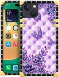 Compatible with iPhone 14 Case, Purple Butterfly Flowers Leaf Luxury Golden Decoration for Girl Women Soft TPU Shockproof Protective Hard PC Back for iPhone 14