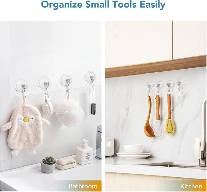 Suction Hooks 2 Packs, Clear Powerful Push and Lock Vacuum Suction Cup, Multi-Purpose Suction Shower Hooks for Front Door Window Glass Kitchen Towel Loofah Utensils
