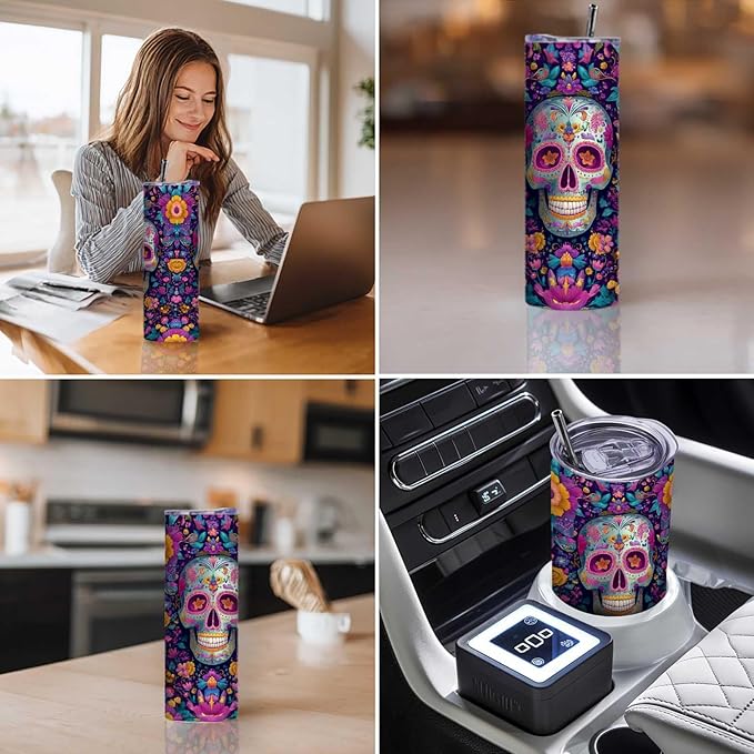 Firmiso 20 oz Tumbler | Skinny Insulated Travel Mug with Leak-proof Lid and Straw | Sugar Skull Floral Stainless Steel Coffee Cup for Hot & Cold Drinks | Day of the Dead Gifts for Women & Men