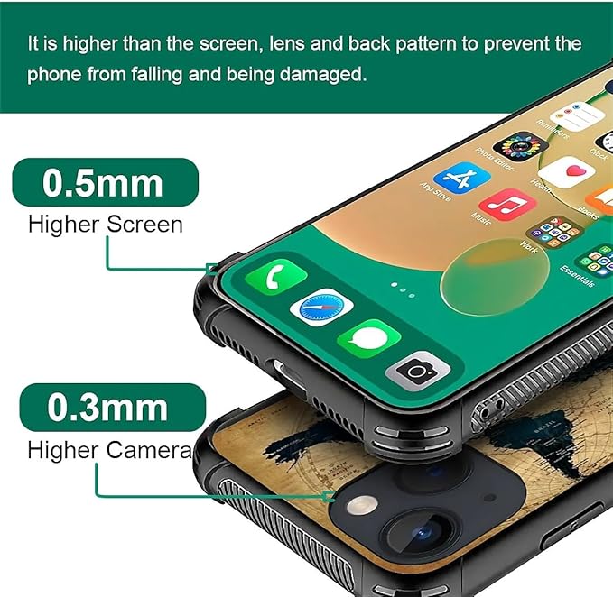 for iPhone 13 Case, Brown World Map Pattern Graphic Design Girl Boy Soft Silicone Hard Acrylic Shock Protection for iPhone 13