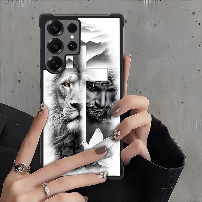 for Samsung Galaxy S25 Ultra Case,Graphic Design for Girl Boy Soft Silicone Hard Acrylic Shock Protection Designed for Samsung Galaxy S25 Ultra Lion Cross Jesus Christ Dove Pattern
