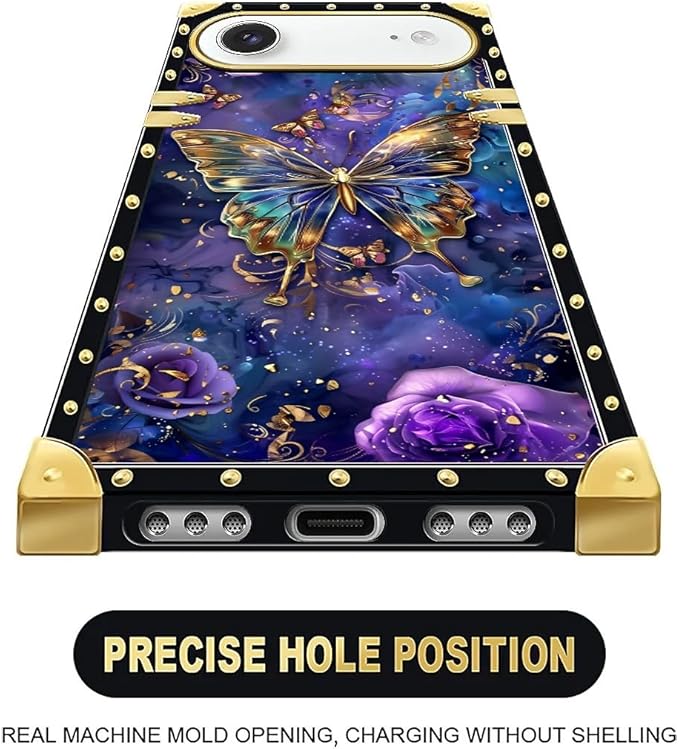 for iPhone 17 Air Case Luxury Golden Decoration for Girl Women Soft TPU Shockproof Protective Hard PC Back for iPhone 17 Air Crazy Pattern Glistening Golden Butterfly Vibrant Purple Blue