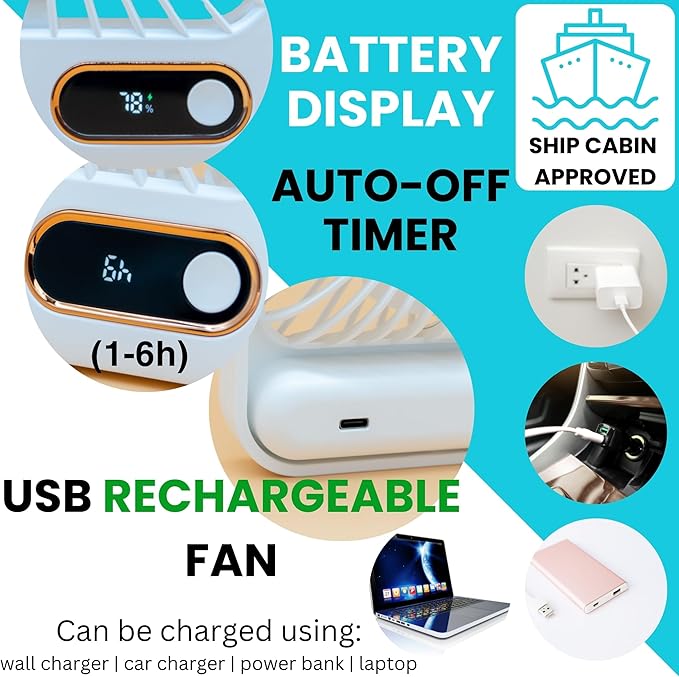 Cruise Fan Cabin Approved Carnival & Royal Carribbean Essentials With Magnetic Hook - Rechargeable Long Battery Life, USB-A & USB-C - Small Desk Fan - Folding & Portable, Plug-In And Battery Powered