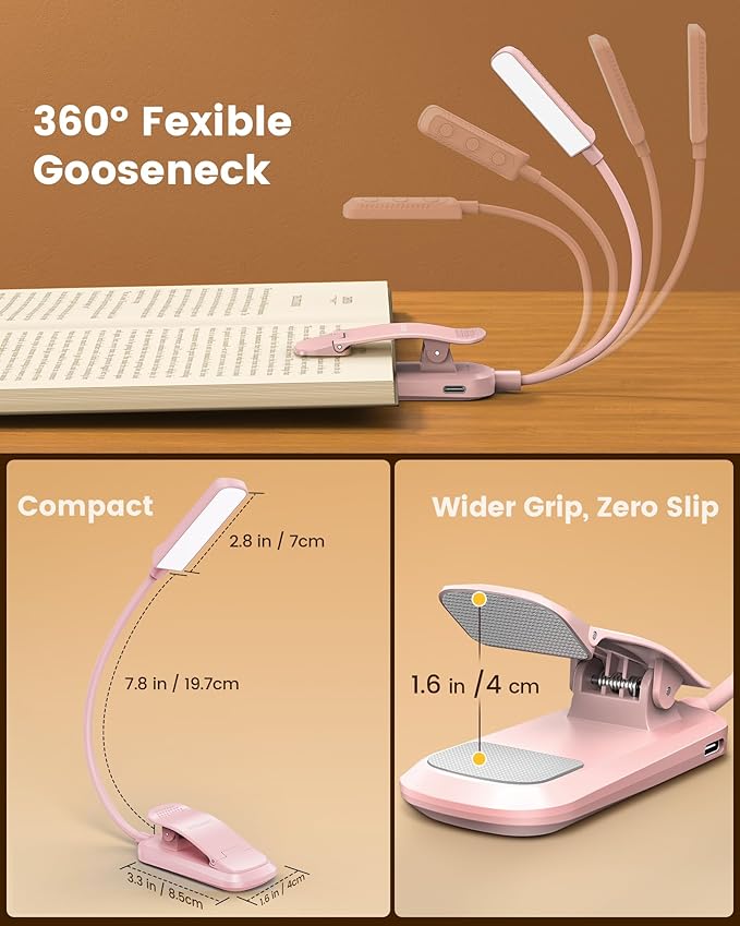 Glocusent 13 LEDs Book Lights for Reading at Night, 120 Hrs Runtime Rechargeable Reading Light, Eye Caring 3 Colors & 5 Stepless Dimming Brightness 3–60LM, Flexible Clip on Light for Book Lovers Kids