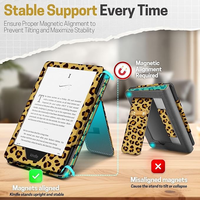 TNP Stand Case for Kindle Paperwhite 12th Generation 2024 / Kindle Colorsoft Signature Edition with Hand Strap & Card Slot - 7" PU Leather Protective Folio Cover with Auto Wake/Sleep, Leopard Yellow