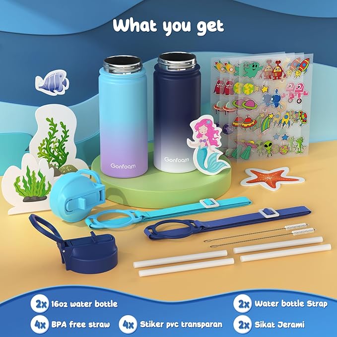 Kids Water Bottle, 2-Pack 16oz Kids Water Bottle with Stickers for School, insulated Stainless Steel Straw Cup(Gray+Blue)
