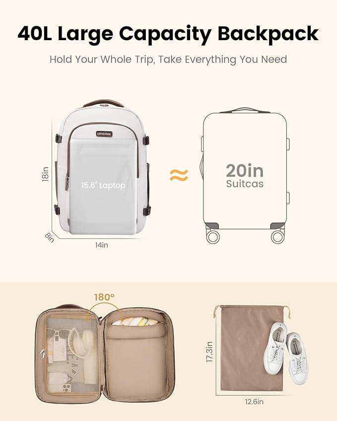 LOVEVOOK 40L Travel Backpack for Women, Airline Approved Carry On Luggage, TSA Personal Item Bag fits 15.6 Inch Laptop, Weekender Overnight Suitcase for Work