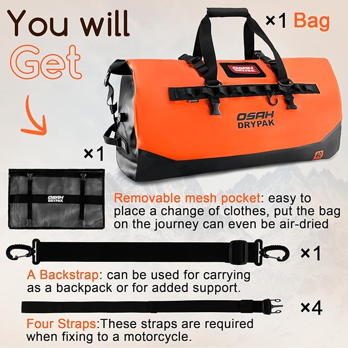 OSAH DRYPAK Waterproof Duffel Bag 25L/40L/60L – Heavy-Duty Motorcycle Tail Bag, Roll-Top Dry Bag for Travel, Camping, Boating, Kayaking, Outdoor Adventure