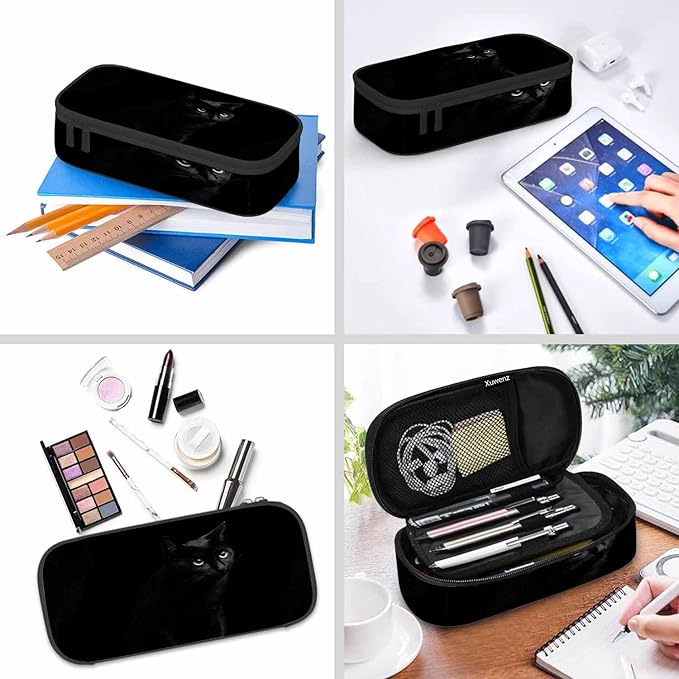 Black Cat Pencil Bag Cute Pet Animal Golden Round Eyes Big Capacity Pencil Case Pencil Pouch Pen Bag School Students Boy Girl