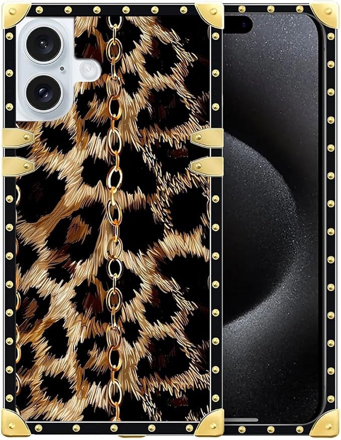 Compatible with iPhone 16 Case, Seamless Gold Chain Leopard Luxury Golden Decoration for Girl Women Soft TPU Shockproof Protective Hard PC Back