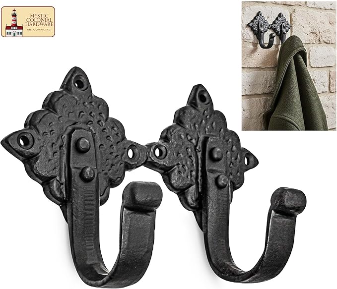 Mystic Colonial Rustic Cast Iron Wall Hooks, Heavy Duty Retro Utility Hooks for Hanging Coat, Bag, Towel, Robe, Hat & More, Pack of 2 | Joined Pieces, Black