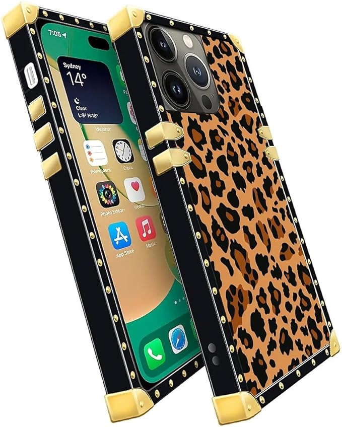 Compatible with iPhone 14 Pro Case, Brown Leopard Texture Luxury Golden Decoration for Girl Women Soft TPU Shockproof Protective Hard PC Back for iPhone 14 Pro