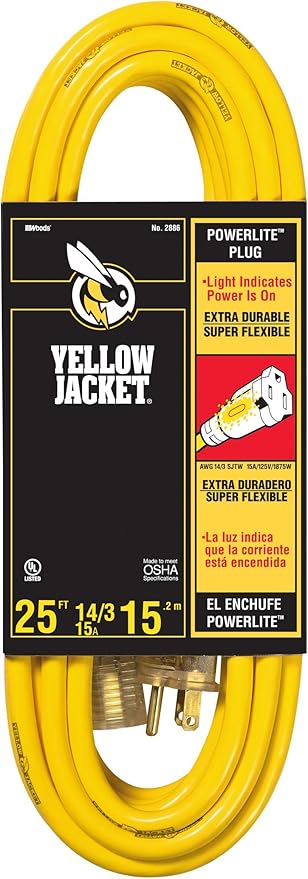 Southwire Yellow Jacket Heavy Duty Extension Cord - Outdoor Power for Tools & Equipment - Lighted End with SJTW Jacket & Three Prong Plug - 25 Foot