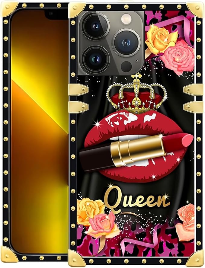 Compatible with iPhone 13 Pro Case, Queen Lip Crown Leopard Print Luxury Golden Decoration for Girl Women Soft TPU Shockproof Protective Hard PC Back for iPhone 13 Pro