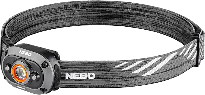 NEBO MYCRO 450 Rechargeable Headlamp | 450 Lumens, 6 Light Modes, Water Resistant, Detachable Hat Clip, Super Bright Head Lamp for Camping & Hiking, Includes USB Charging Cable — Gray