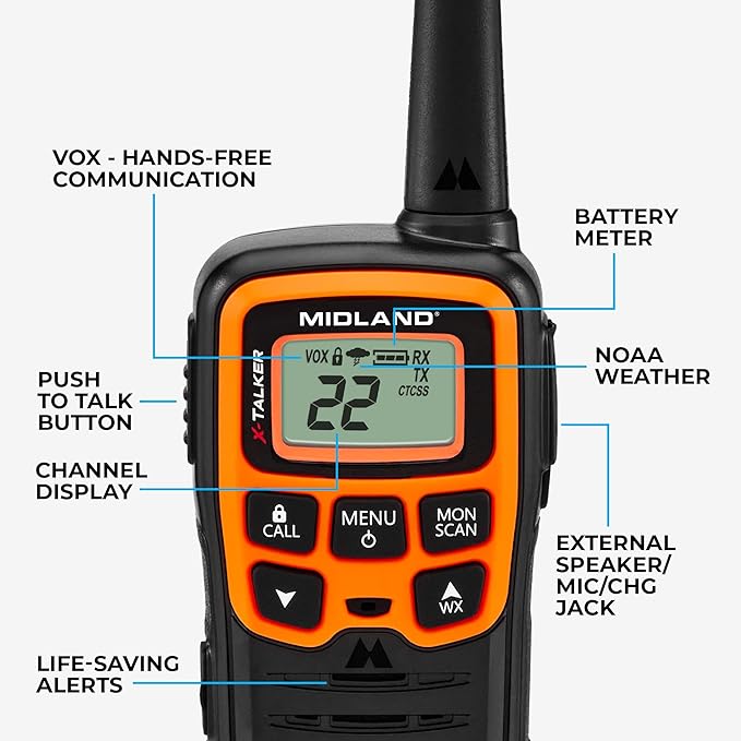 Midland- T51VP3 X-TALKER Spotting and Recovery Walkie-Talkie Long Range - FRS Two Way Radio for kids Caravanning with NOAA Weather Scan + Alert, 38 Privacy Codes - Black/Orange - 2 Pack