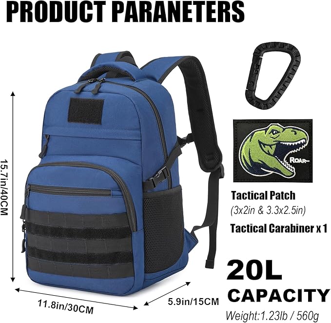 Kids Tactical Backpack Army Molle Bookbag Military Boys Backpack for School, Outdoor, Camping (Includes 2 Patches+1Carabiner), Blue