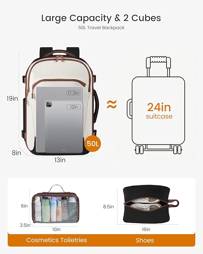 LOVEVOOK 50L Travel Backpack for Women, Airline Approved Carry On Backpack with 2 Packing Cubes, Waterproof Personal Item Bag Fits 17" Laptop, TSA Traveling Essentials Weekender Overnight Backpack