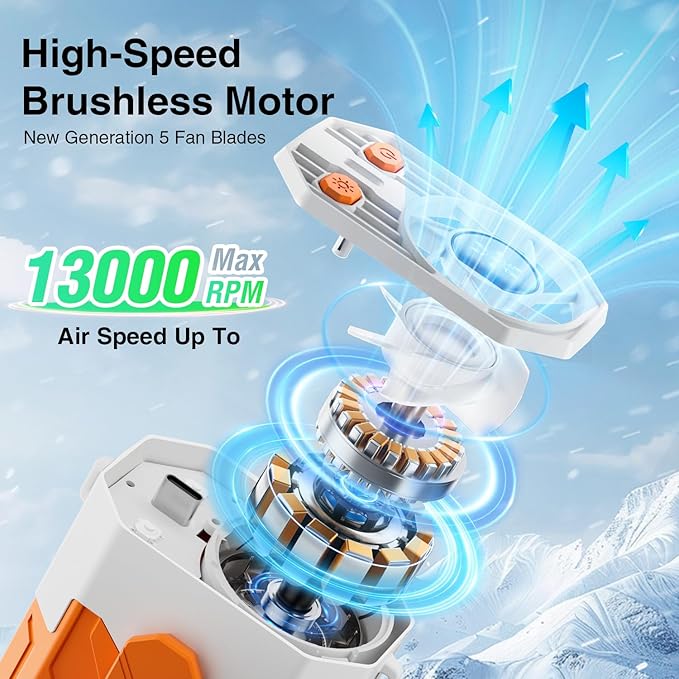 Portable Fan 4000mAh Rechargeable, 4 Speeds 13000RPM Strong Airflow, Personal Waist Fan with Max 24H Working Time, Wearable Clip Belt fan for Camping, Outdoor, Jobsite, Traveling -Orange & White