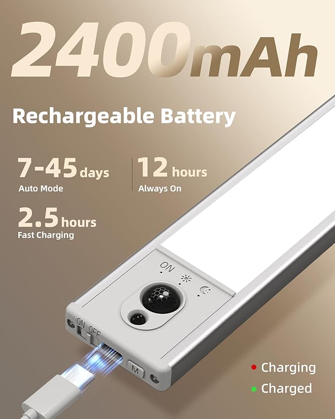 EZVALO 3-Pack Under Cabinet Lighting, 2400mAh Motion Sensor Light, LED Closet Lights Wireless, 6500K Dimmable, Timer, Magnetic, with Remote Control for Kitchen, Closet, Stair