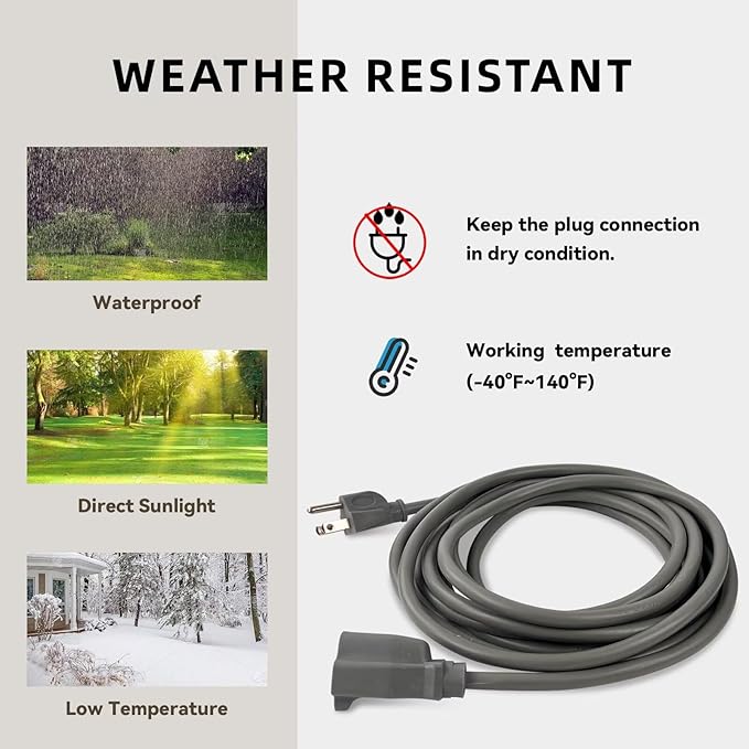 12ft Outdoor Extension Cord for Christmas Decorations - 16/3 Heavy Duty SJTW Waterproof Gray Electrical Cable with 3 Prong Grounded Plug for Safety, Great for Lawn and Major Appliances