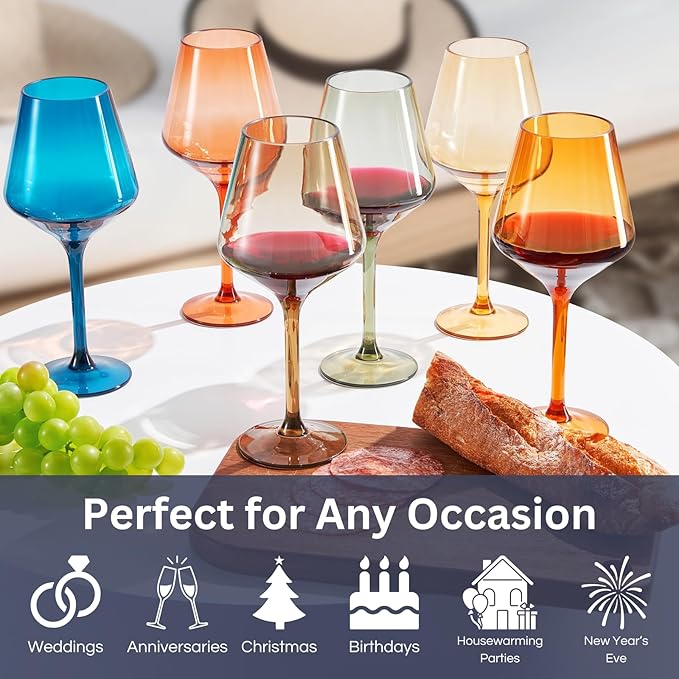 European Style Plastic Crystal Unbreakable Stemmed Wine Glasses | Set of 12 | Acrylic Glasses Tritan Pastel Color Shatterproof BPA-free, Outdoor, Pool, Indoor, Hand Wash 17oz Gift, Everyday & Holiday