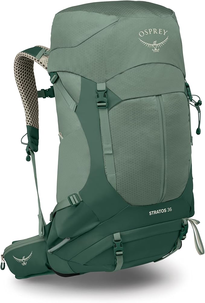 Osprey Stratos 36L Men's Hiking Backpack - Lightweight Backpacking Pack with Waterproof Raincover - Camping Bag, Pine Leaf