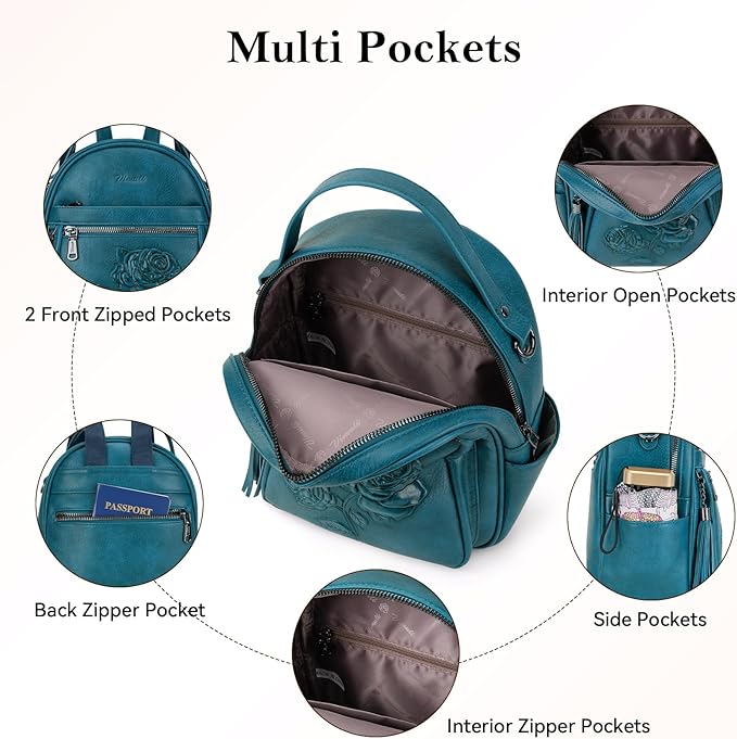 Mini Backpack Purse for Women,Embossed Vegan Leather Small Backpack Fashion Backpacks Daypacks Shoulder Handbag (Peacock-Blue)