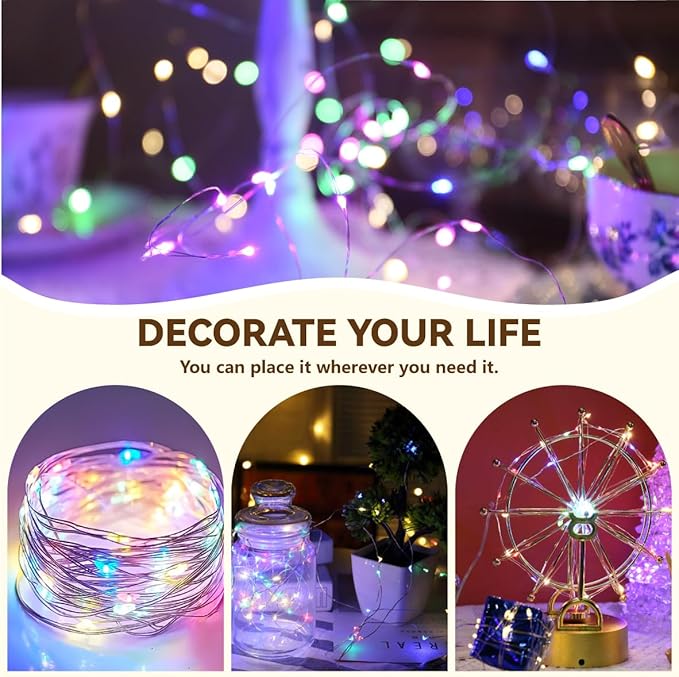 HXWEIYE Rechargeable Fairy Lights Battery Operated, DIY Timer & 8 Modes, 2 Pack 16FT 50LED Twinkle String Lights Indoor, Led mini Lights for Bedroom Wedding Dorm Christmas Tree Decor (Multicolor)