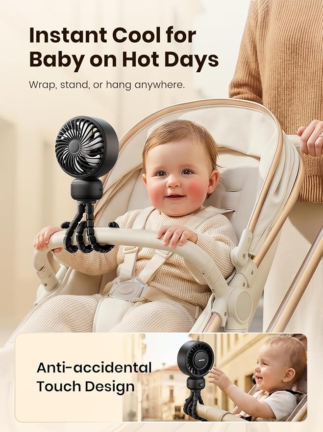 Warmco Portable Stroller Fan, 4000mAh Rechargeable Clip On Fan with Flexible Tripod (Up to 15H), 4 Speeds, LED Display, Detachable Grille, Quiet Operation, for Car Seat, Crib & Treadmill