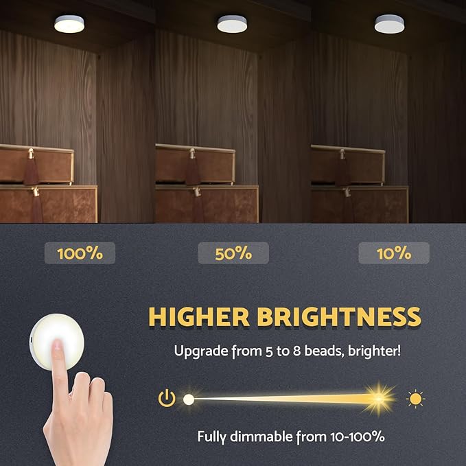 DAZZY DOT Rechargeable Puck Lights 2 Pack, Magnetic Tap Light 1000mAh Battery Powered, Warm Yellow, Dimmable Touch Light Stick on for Closet, Locker, Cabinet, Bedside, Kitchen