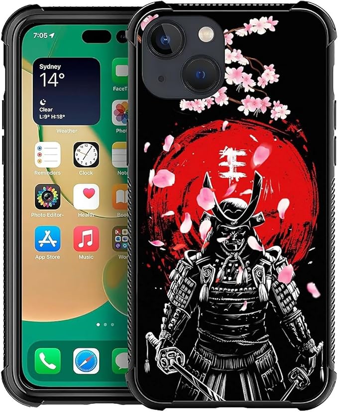 for iPhone 13 Case, Sakura Japanese Samurai Pattern Graphic Design Girl Boy Soft Silicone Hard Acrylic Shock Protection for iPhone 13