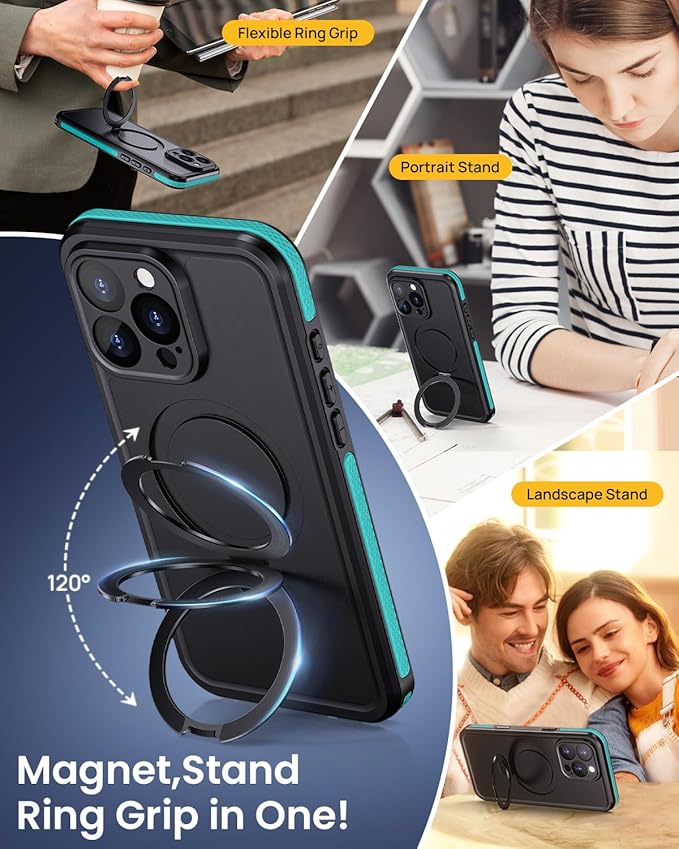 Lanhiem Magnetic for iPhone 16 Pro Max Waterproof Case, Dustproof Case Built-in Screen Protector, [Fit for MagSafe] [Invisible Stand] Shockproof Heavy Duty Underwater Case for 16 Pro Max (Light Blue)