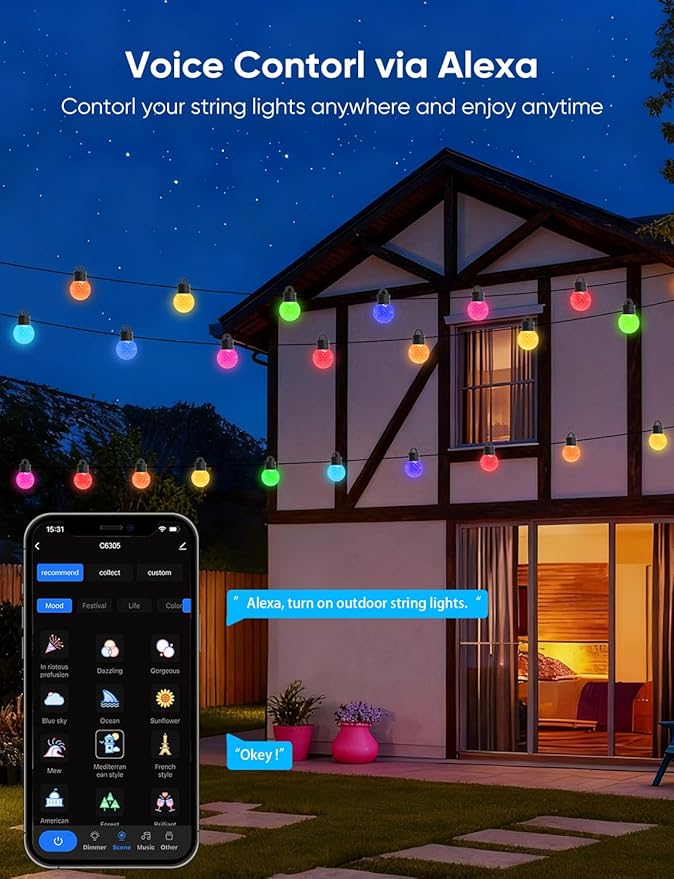 APPECK Outdoor String Lights 150ft, RGBW Color Changing Patio Lights with 75 Dimmable LED Bulbs, 111 Scene Modes, IP65 Waterproof Lighting for Outside, Party, Backyard, Pool, Compatible with Alexa