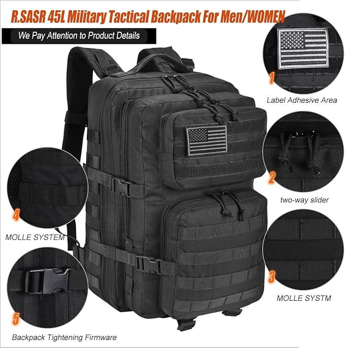 45L Tactical Backpack for Men Women, Military Assault Pack with MOLLE, Large 3 Day Bug Out Bag for Hiking Camping