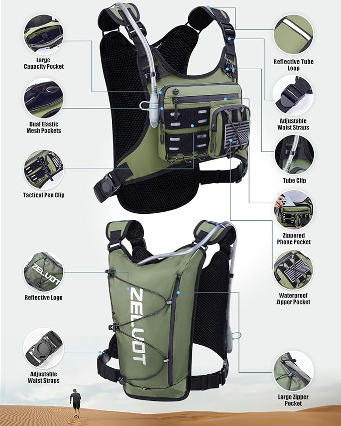 Zelvot Running Vest with 2L Water Bladder, Hydration Backpack, U.S. Original Design Patent, Lightweight Hydration Pack with Gear Holder, Reflective Chest Pack for Men Women for Marathon