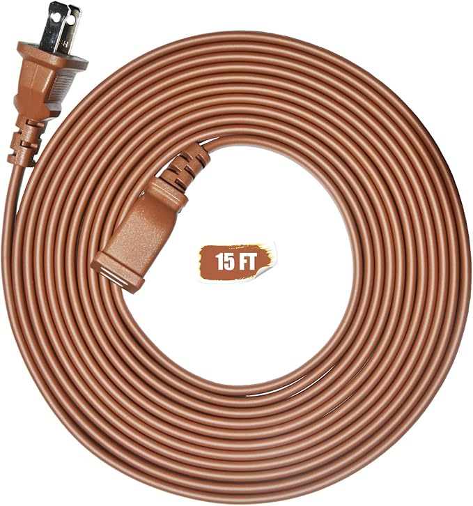 Brown Extension Cord 15FT Flat Extension Cord for Indoor/Outdoor Use with Single Outlet - Ideal for Christmas Lights, Lamps, Cameras, Household Appliances
