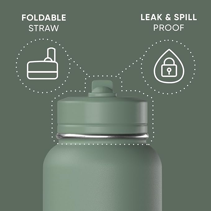 Hydrapeak 32oz Sport Insulated Water Bottle with Straw & Chug Lid, Leak & Spill Proof, Keeps Drinks Cold for 24 Hours, Hot for 12 Hours, Premium Stainless Steel Water Bottles (32oz, Sage Leaf)