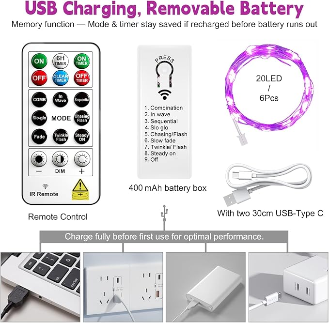 ZSJWL 6 Pack Rechargeable Fairy Lights with Remote & DIY Timer, 7Ft 20LED Mini Battery String Light, Twinkle Silver Copper Wire Lights for Wedding Party Bedroom Christmas Table Decoration (Purple)