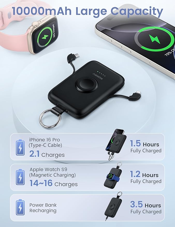 RORRY Portable Charger, 10000mAh PD 20W Fast Charging Portable Charger Power Bank with Built in Cables, Travel Battery Pack for iPhone and Apple Watch Ultra/11/10/9/8/7/6/5, Black