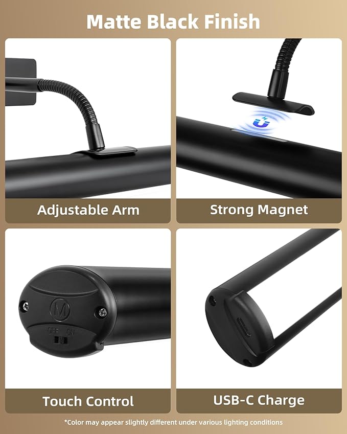 EZVALO Picture Lights for Wall, 16in Rechargeable 6000mAh Battery Operated Painting Lights with Remote, Wireless Wall Light for Gallery, Living Room, Hallway (Black)