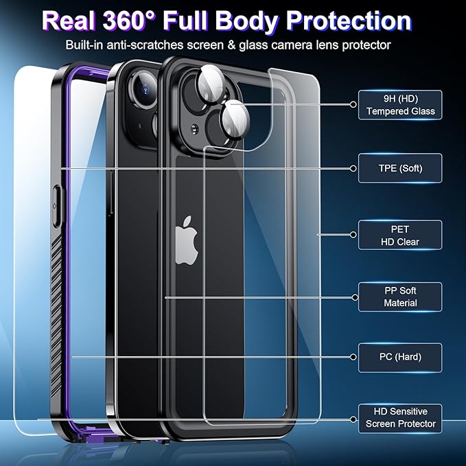 Red2Fire 2024 New for iPhone 14 Case Waterproof,[Built-in Screen Protector & Camera Protector][Full Body Shockproof][IP68 Underwater][Dustproof][Dropproof] Phone Case for iPhone 14 6.1" Purple