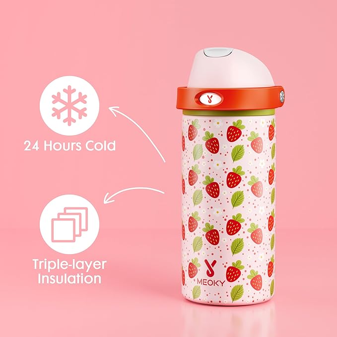 18 oz Insulated Water Bottle for Kids: Meoky Stainless Steel Water Bottle with 2-in-1 Straw and Spout Lid - Leak Proof, Cold for 24 Hours, BPA-Free for Girls School Sports, Strawberry Garden