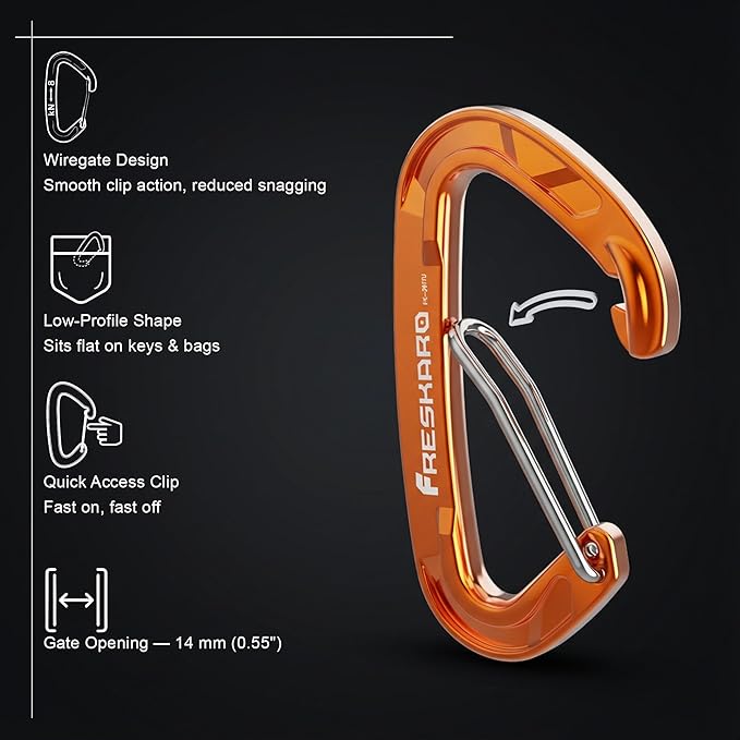 FresKaro 5pcs Nano Carabiner Clips, 8kN 1798lbs, Small Sturdy, Reliable Time-Tested Strong Spring Wiregate, Mini Size 2.37inch, Choice of 5colors