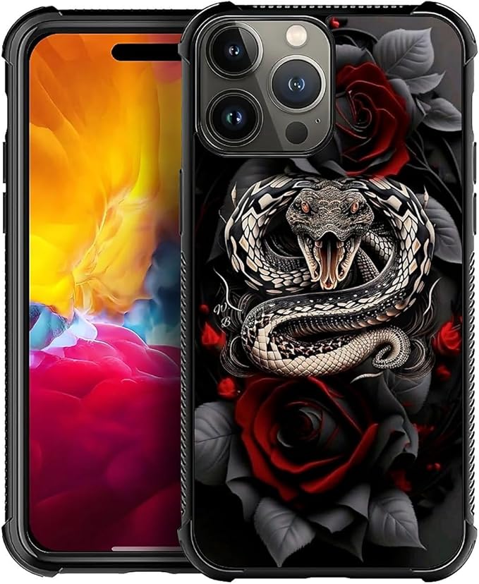 for iPhone 15 Pro Case, Entwined Rose Snake Pattern Graphic Design Girl Boy Soft Silicone Hard Acrylic Shock Protection for iPhone 15 Pro