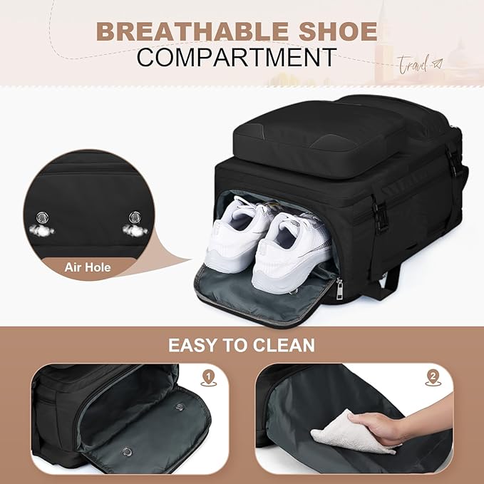 Maelstrom Travel Backpack for Women Men,35L Laptop Backpack Fits 17-Inch Laptop,Carry On Backpack for Airplanes with Crossbody Bag&Shoe Compartment&Toiletry Bag (Black With Toiletry Bag, Large)