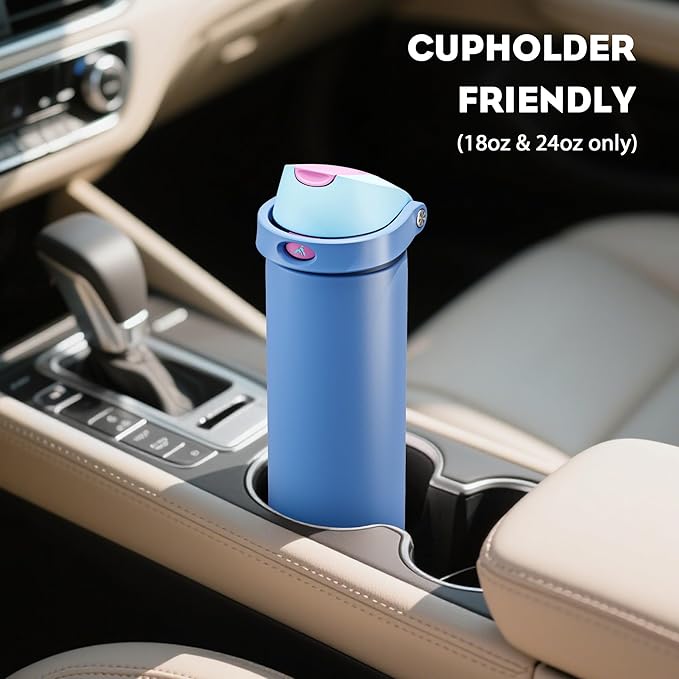 POWCAN 18 oz Metal Sports Water Bottle: 2-in-1 Push-Button Spout & Quick-Flip Straw, Leakproof, Cold 24Hrs, Lockable, Fits Car Cup Holder, Insulated Steel Cup for School, Hiking, Gift (Ohana Blue)